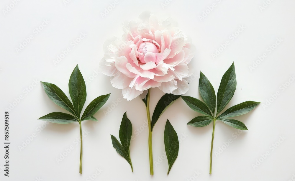 Floral Artwork: Delicate Pink Peony with Green Leaves and Baby's Breath