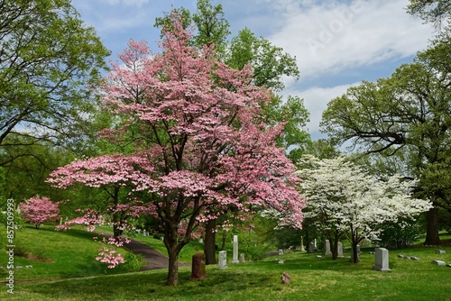 beautiful flowering  white and pink dogwood flowers  in spring in  the public gardens of  bellefontaine cemetery  in north st. louis, missouri