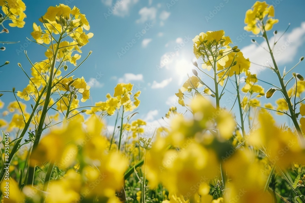Bright Yellow Flowers in Field Under Blue Sky Bright Yellow Flowers in Field Under Blue Sky