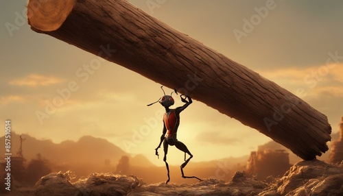 Ant Man holds a large wooden log resembling Atlas, the Greek myth, under an orange sky, creating a unique artistic image. photo