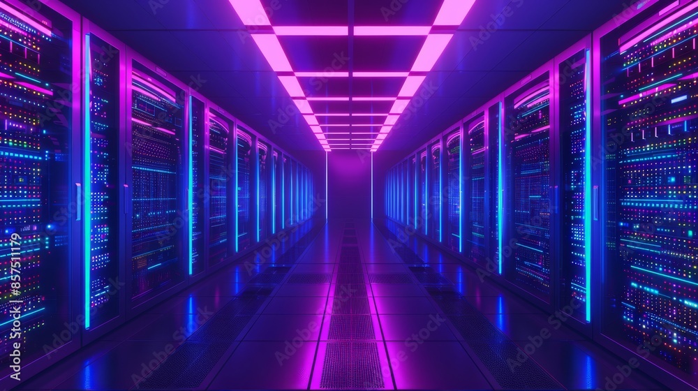 Modern data center with server racks and neon lights Modern data center with server racks and neon lights