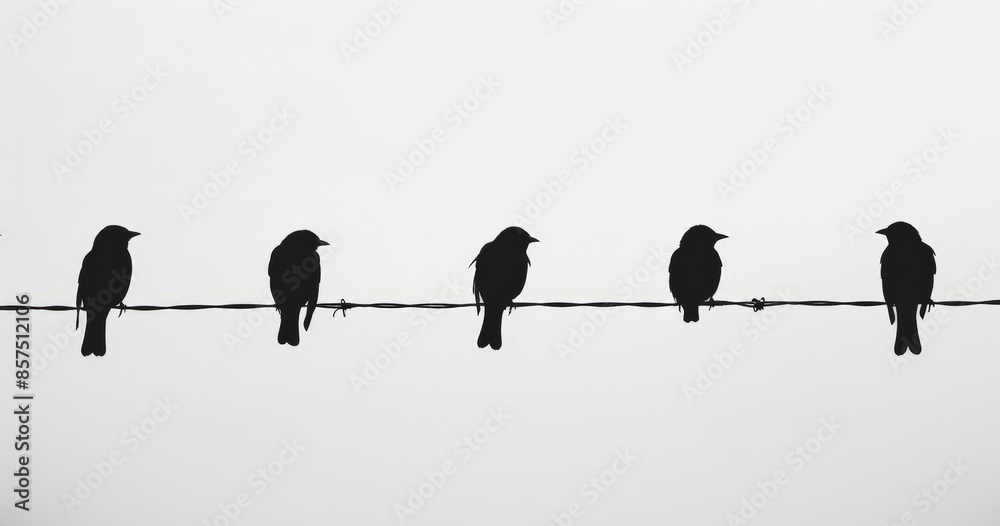 Silhouette Birds on a Wire, Set of 2 Images: Black and White Illustration, Bird Silhouettes against a Light Background Silhouette Birds on a Wire, Set of 2 Images: Black and White Illustration, Bird Silhouettes against a Light Background