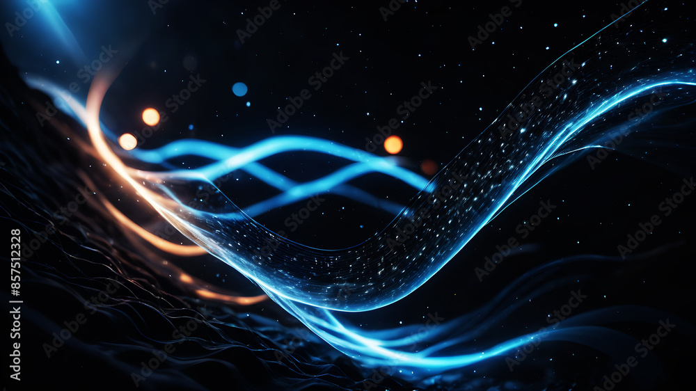Visualize a flowing data stream where blue-toned dots and lines move dynamically across the image. The lines should have a sense of motion, curving and twisting like a river of light, with varying int Visualize a flowing data stream where blue-toned dots and lines move dynamically across the image. The lines should have a sense of motion, curving and twisting like a river of light, with varying int