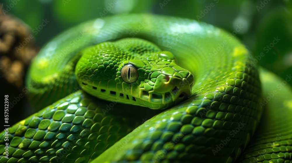 Close-up of a Vibrant Green Snake Coiled in Lush Foliage, Generative AI Close-up of a Vibrant Green Snake Coiled in Lush Foliage, Generative AI