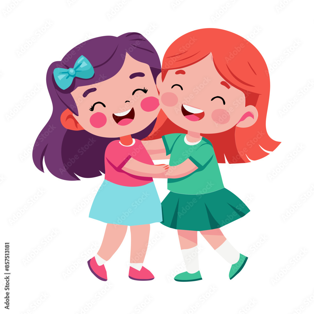 Two cartoon girls in colorful dresses smile and play together Two cartoon girls in colorful dresses smile and play together