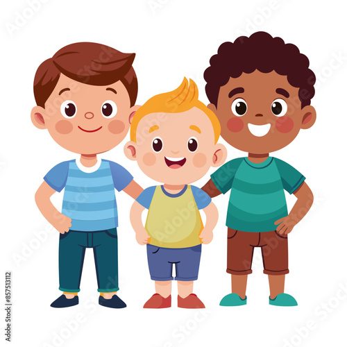 A happy cartoon illustration of boys smiling with friends