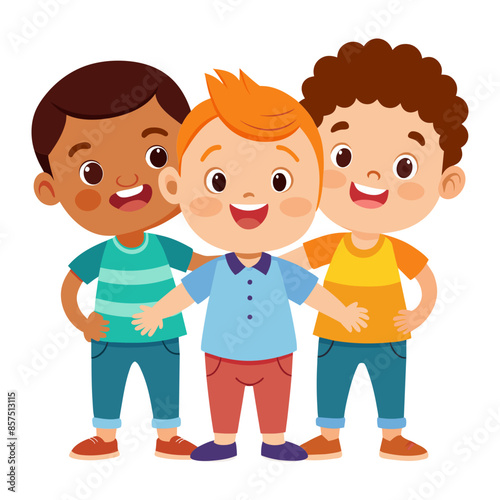 A happy cartoon illustration of boys smiling with friends