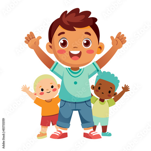 A happy cartoon illustration of boys smiling with friends