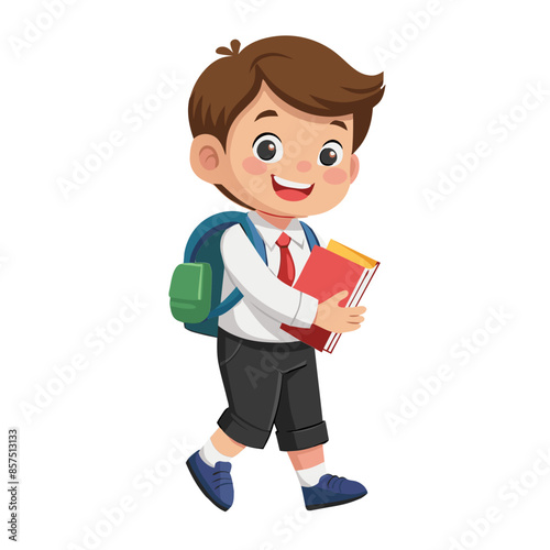 Cartoon boy smiles while engrossed in a colorful book at school