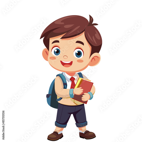 Cartoon boy smiles while engrossed in a colorful book at school