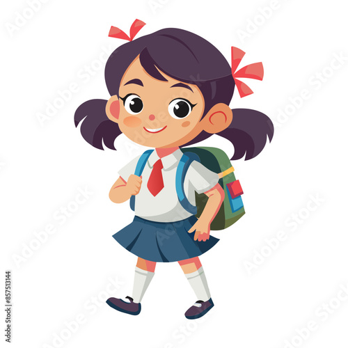 A cute cartoon little girl with a backpack smiles happily