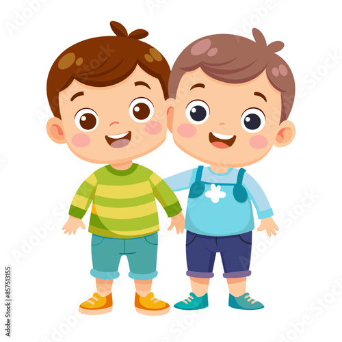 Two cartoon boys in colorful dresses smile and play together  