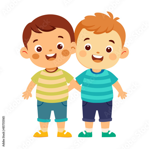 Two cartoon boys in colorful dresses smile and play together  