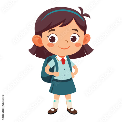 A cute cartoon little girl with a backpack smiles happily