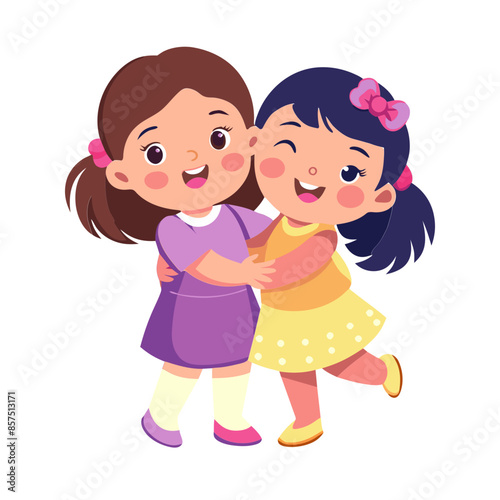 Two cartoon girls in colorful dresses smile and play together  