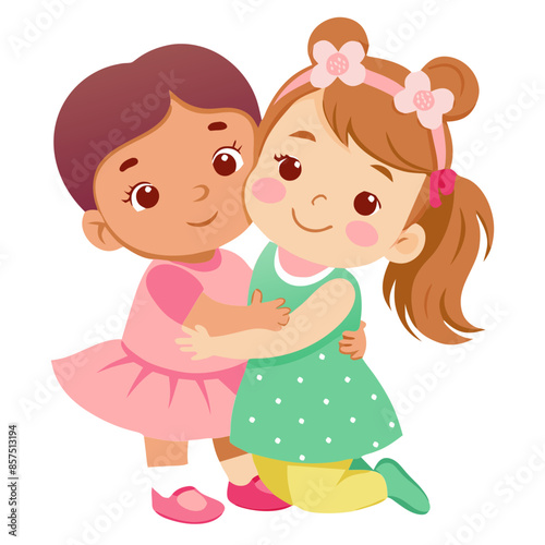 Two cartoon girls in colorful dresses smile and play together  