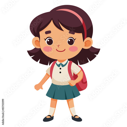 A cute cartoon little girl with a backpack smiles happily