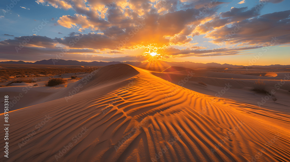 Sunset over desert with sand dunes and shadows Sunset over desert with sand dunes and shadows