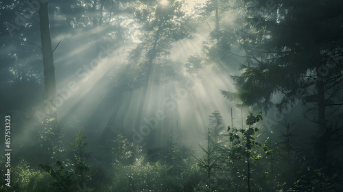 Foggy forest morning with sunlight rays