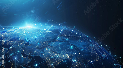Futuristic blue background with Earth's map. Satellites transmit signals. Global internet connects people worldwide. Technology and future intertwined. Blue geometric shapes float in space.