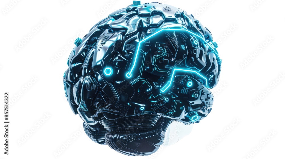 Digital AI electronic brain on transparent background