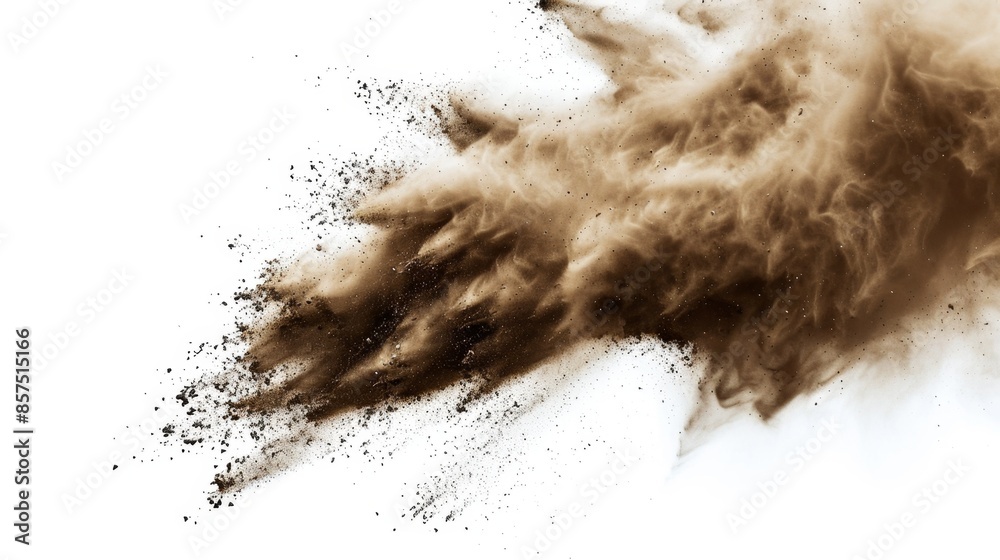 Exploding Brown Powder on White Background, Generative AI Exploding Brown Powder on White Background, Generative AI