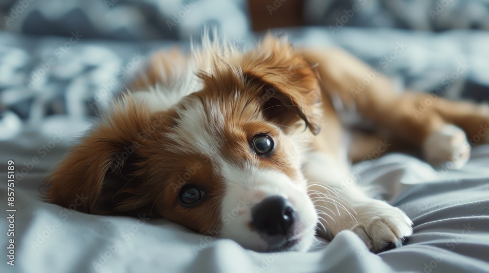 Adored Puppy resting on modern bed at home Adored Puppy resting on modern bed at home