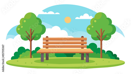 Tranquil Park Scene Vector Illustration of an Empty Wooden Bench