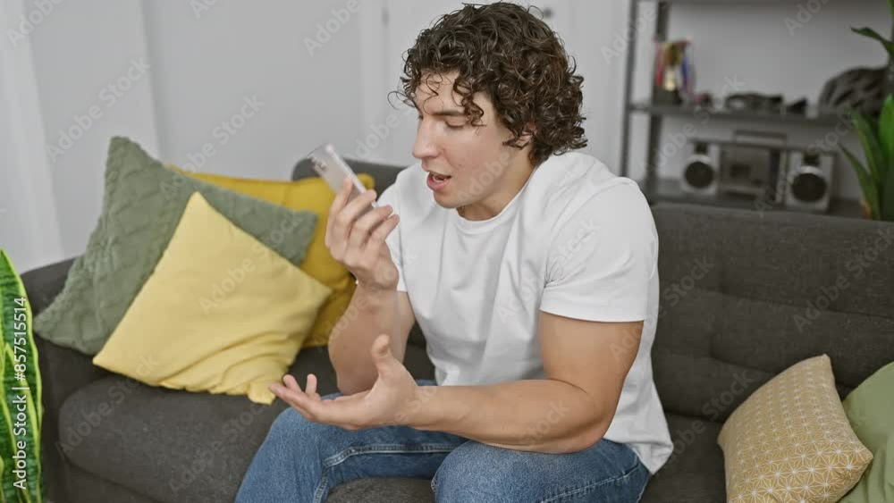 An expressive young hispanic man talks on a smartphone with animated gestures while sitting on a sofa indoors.