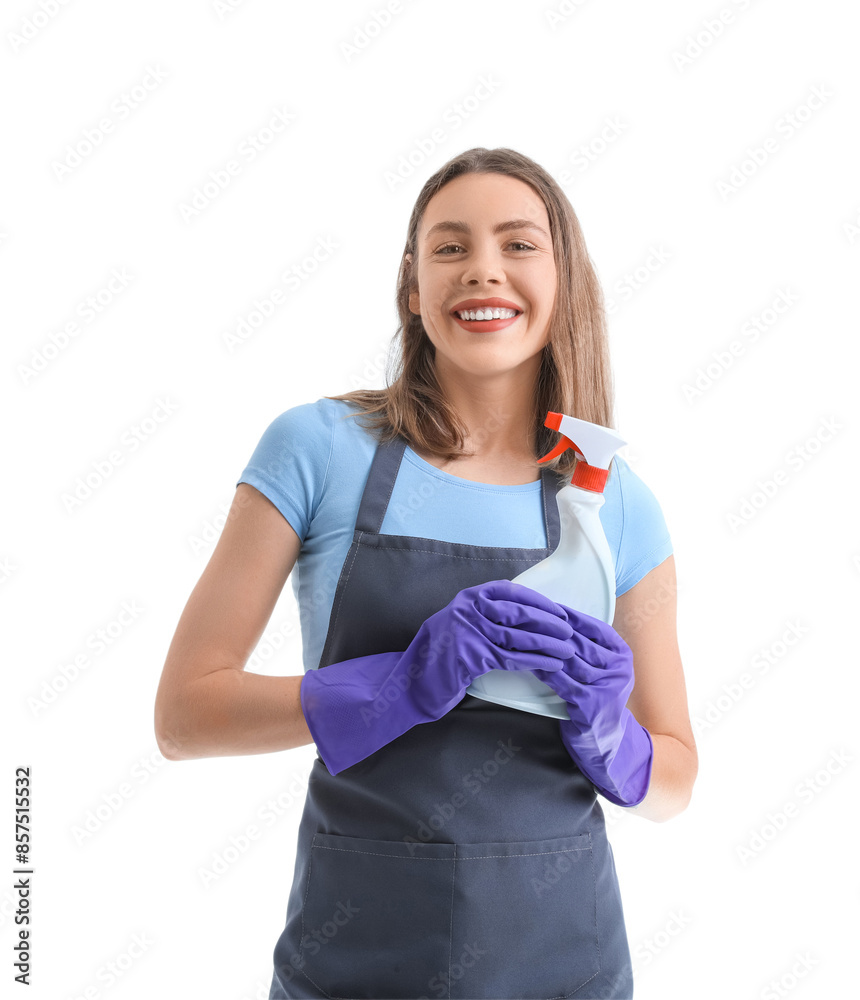 Young woman with spray bottle of detergent on white background Young woman with spray bottle of detergent on white background