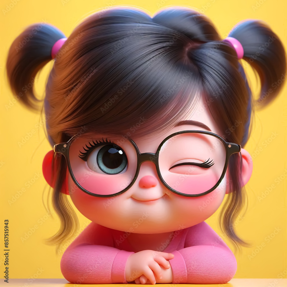 Cartoon portrait of a girl with big bright eyes and glasses, winking. Children's illustrations for books, cards or other uses Cartoon portrait of a girl with big bright eyes and glasses, winking. Children's illustrations for books, cards or other uses