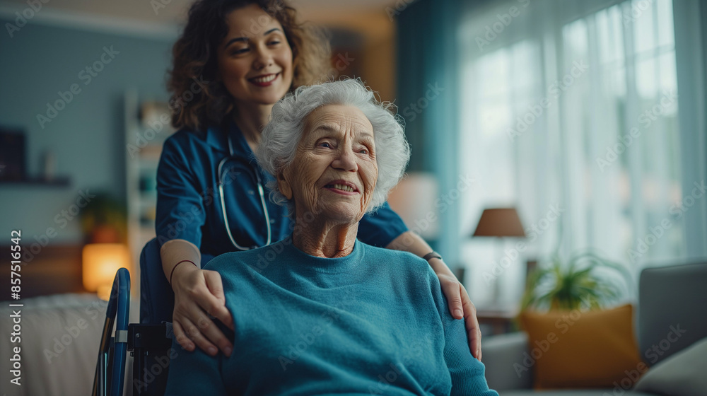 Obraz premium Young caregiver assisting senior woman in wheelchair - Home health care service