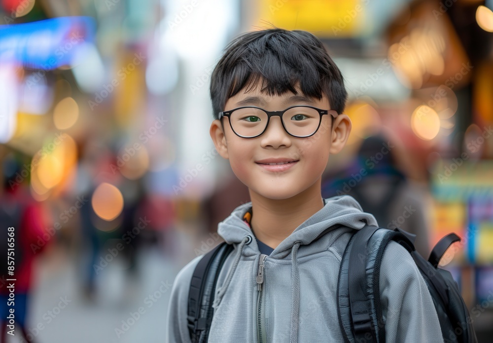A young boy wearing glasses and a gray hoodie is smiling for the camera A young boy wearing glasses and a gray hoodie is smiling for the camera