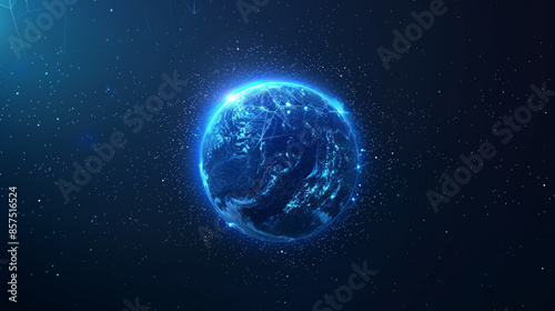 Abstract blue globe illustration with glowing particles symbolizes digital economy. It represents innovation and technology concepts in the metaverse.