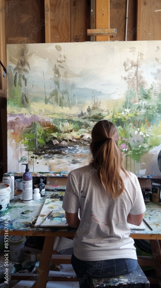 Artist painting a landscape in studio Artist painting a landscape in studio