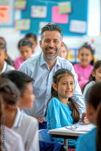A male teacher stands with a group of elementary school students in a classroom. He is smiling and looking at the camera. The students are all looking at the teacher