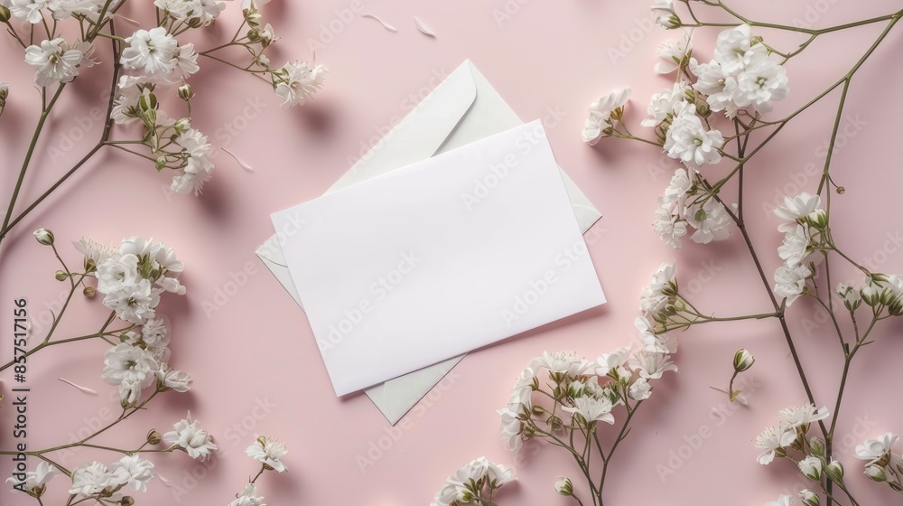 Flat lay floral frame with greeting card and envelope Flat lay floral frame with greeting card and envelope