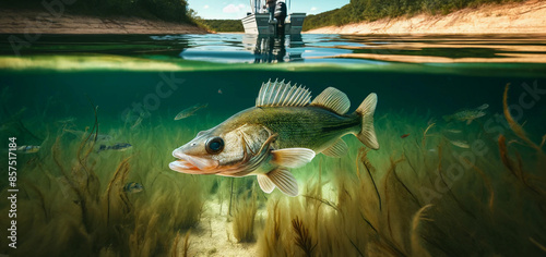 A walleye fish swimming underwater in a lake with a fishing boat in the background photo