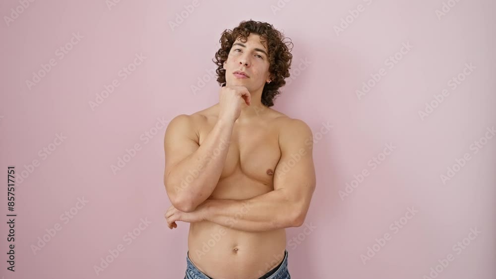 Pensive young hispanic man, shirtless, stands amused over pink wall, thumb on chin in thought, doubting yet betraying a thoughtful smile on his face. Pensive young hispanic man, shirtless, stands amused over pink wall, thumb on chin in thought, doubting yet betraying a thoughtful smile on his face.