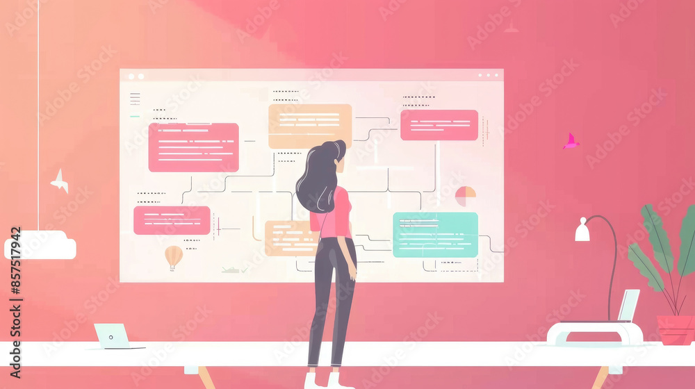 Obraz premium A woman stands in a minimalist office, analyzing a workflow diagram on a whiteboard. The diagram showcases interconnected boxes with text and icons