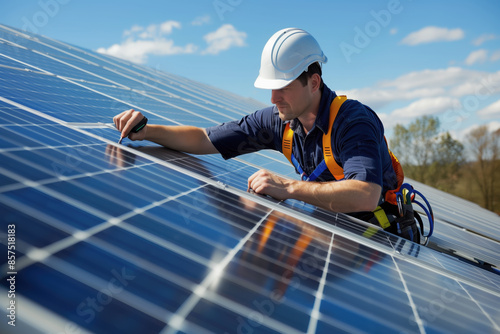 An engineer installs and adjusts the operation of solar panels