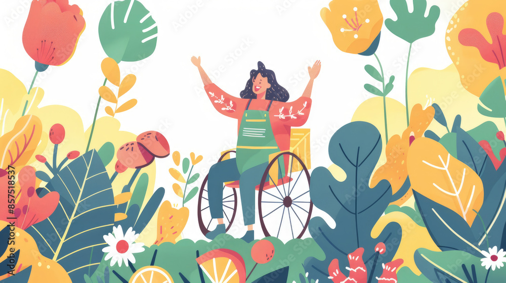 A woman in a wheelchair smiles happily as she is surrounded by a colorful array of spring flowers and green foliage A woman in a wheelchair smiles happily as she is surrounded by a colorful array of spring flowers and green foliage