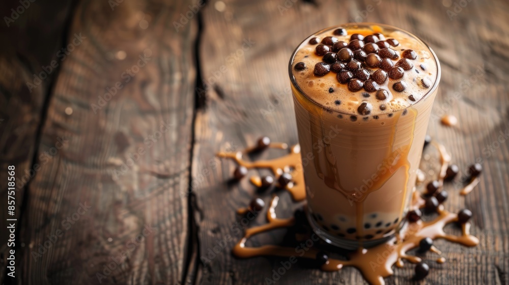 Bubble milk tea with topping on wooden table with space for textures natural light background Bubble milk tea with topping on wooden table with space for textures natural light background