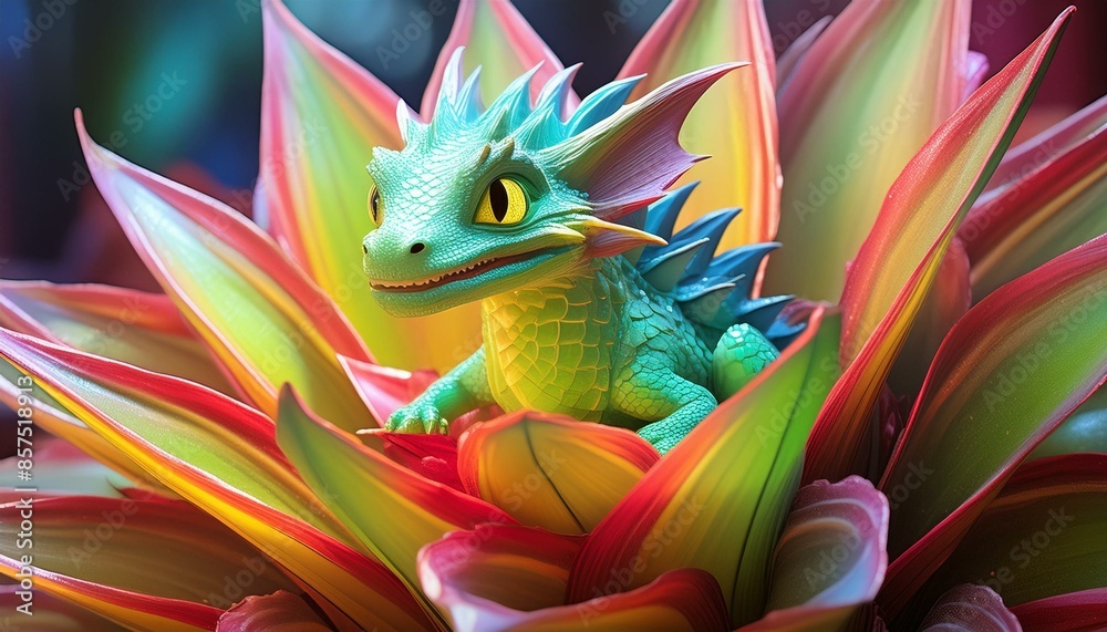 a small bright green dragon is looking out from inside a giant Bromeliad flower. The dragon has highly detailed iridescent and glowing scales