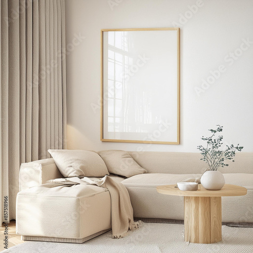 Frame mockup with miror reflect, Big paper size. Living room wall poster mockup. Interior mockup with house background. Modern interior design. 3D render