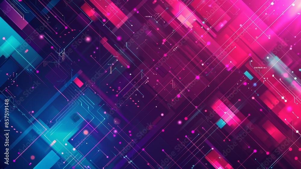 Geometric neon background. Digital glow cyber technology. Abstract futuristic network illustration. Speed and computer science concept. Data security connection and software communication texture