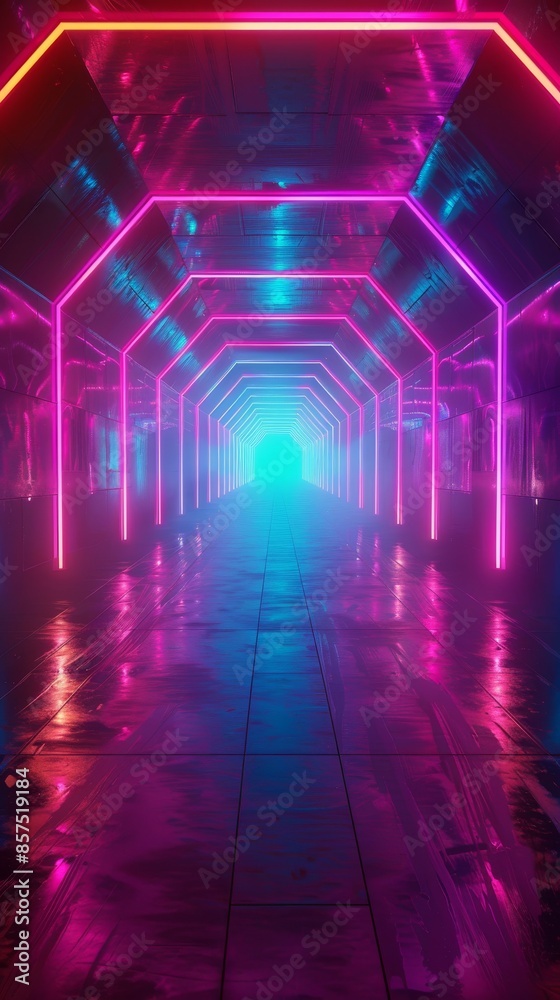 Neon-lit futuristic tunnel with reflective floor and vibrant colors Neon-lit futuristic tunnel with reflective floor and vibrant colors