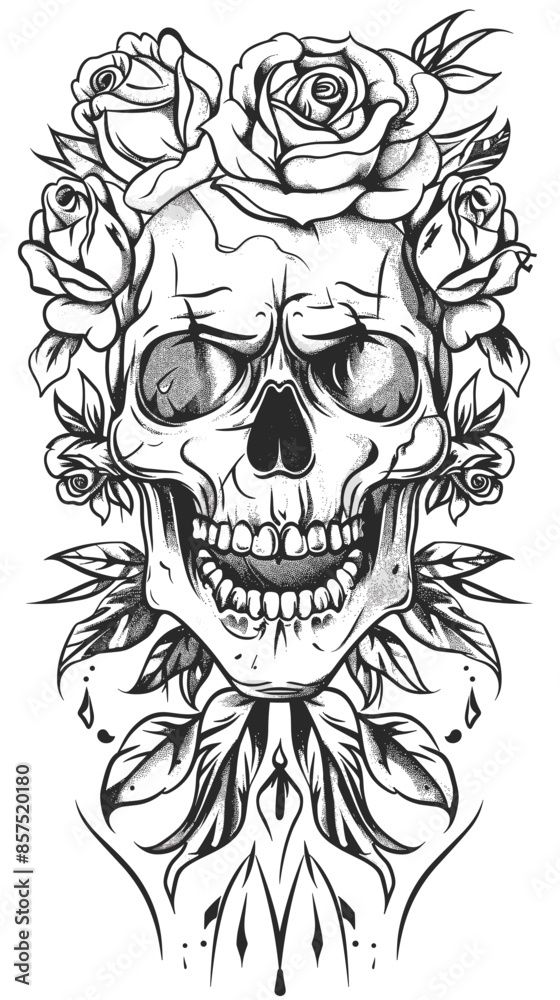 black and white tattoo skull and flowers vector illustration black and white tattoo skull and flowers vector illustration