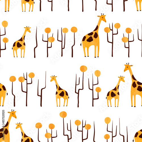 Seamless African pattern with cute giraffe and abstract trees. Vector illustr...