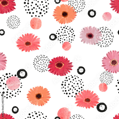 Seamless abstract floral pattern with gerbera flowers. Vector watercolor colo...